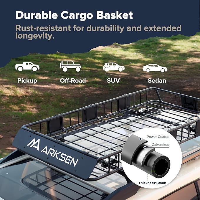 ARKSEN 64" x 34" x 6" Roof Rack Cargo Basket with Extension, 150 LBS Universal Heavy Duty Steel Rooftop Carrier with Cargo Net & Tie Down Straps for SUV, Truck, RV, Pickup
