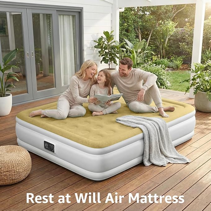 YENING Full Size Air Mattress with Built in Pump Raised Double Blow up Bed Inflatable Camping Airbed Electric 18 Inch Tall Beige