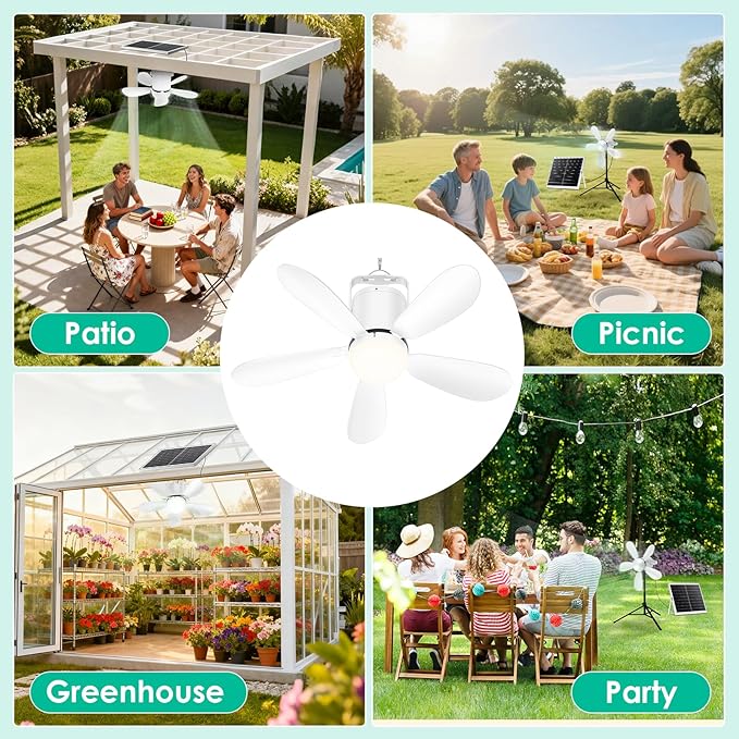 21” Solar Ceiling Fan Light, 30W Solar Powered Portable Gazebo Fan with Remote, Wireless Battery Operated Ceiling Fan Light Outdoor, for Camping RVs Tent Patio Canopy Chicken Coop Outside