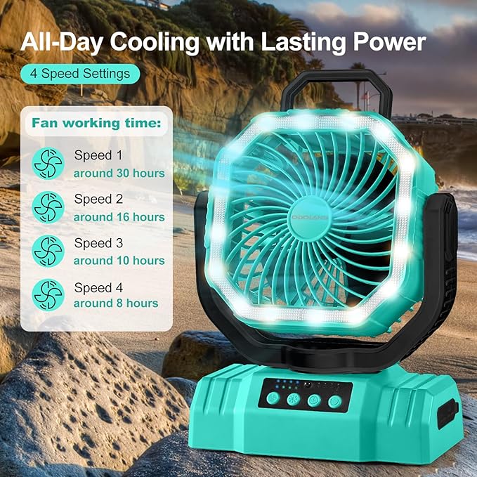 Odoland Portable Camping Fan with LED Lantern, 20000mAh Rechargeable Battery Powered Fan with Auto Oscillation, Timer, Remote, 360° Rotation Hook, 4 Speeds for Power Outage Travel Home,Cayan