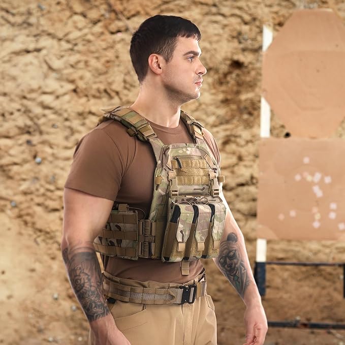 Tactical Molle Vests with Triple mag Pouch and Side Cummerbund Pouches, Quick Release Vests for Men