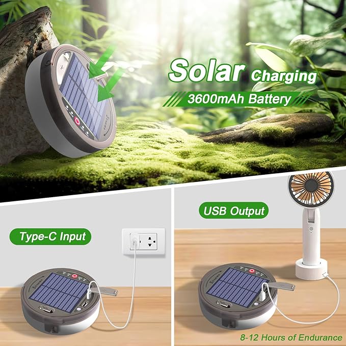Outdoor Waterproof Portable Stowable String Light, 4 in 1 Retractable Camping String Lights with 8 Lighting Modes (42ft), Solar /USB Rechargeable Tent Lights for Hiking, Yard, RV (Multicolor String）
