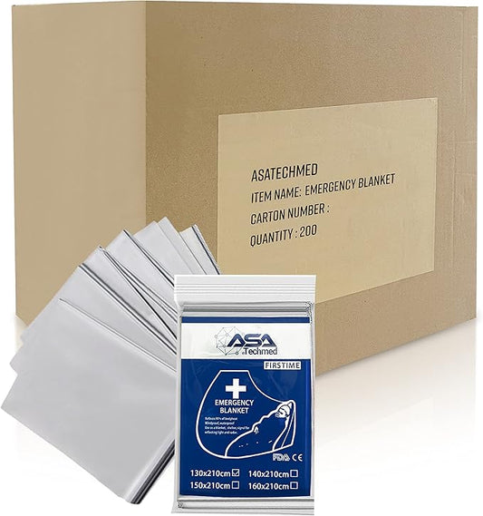 ASA TECHMED - Mylar Emergency Thermal Blanket – Survival Space Blanket for Outdoors, Camping, First Aid & Disaster Kits - Silver (200)
