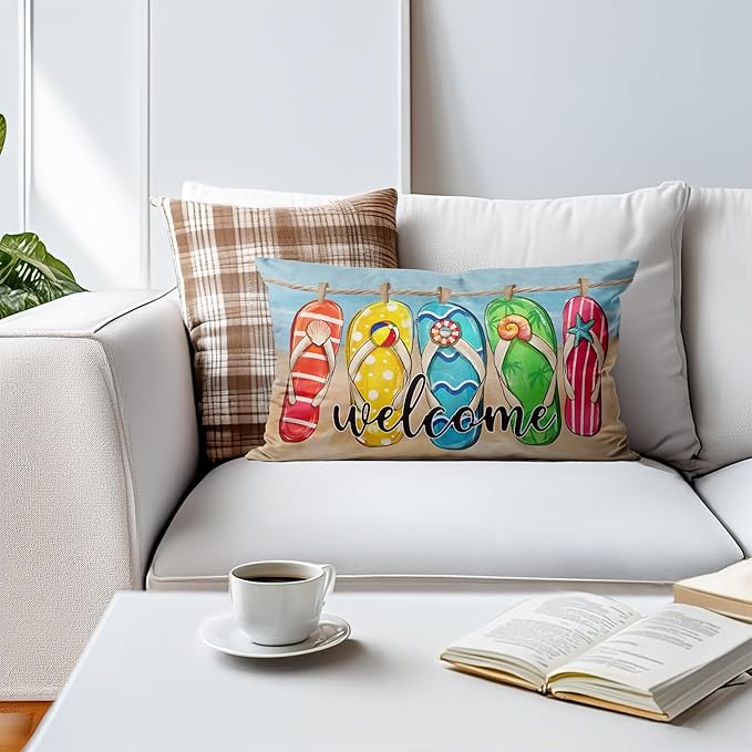 Welcome Summer Flip Flop Colorlife Beach Throw Pillow Cover 20x12, Summer Beach Decorative Pillow Case for Sofa Couch Bed Living Room Bedroom Decor,136-BZ