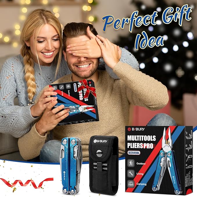 BIBURY Multitool Pliers BI2049BL with Blue Titanium Handle, EDC Multi Tool with Replaceable Wire Cutter, Full-Size Scissors and Screwdirver Set, Heavy Duty Hand Tool for DIY, Repair, Camping, Survival