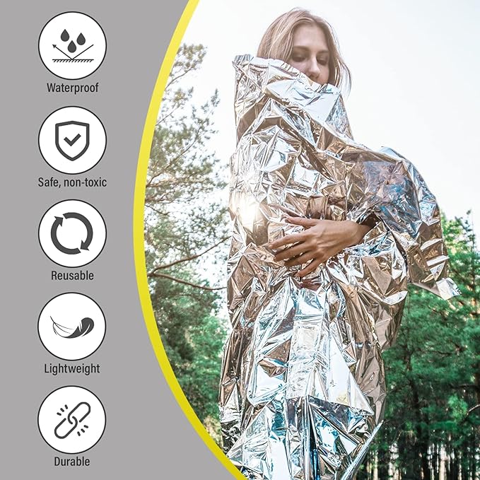 Survival Blankets - Waterproof & Windproof Emergency Cover, Reflective Exterior - Helps Retain Body Heat - 12 Microns, Compact & Lightweight - 5-Pack, 4 Silver, 1 Gold - 52x82”, 2oz