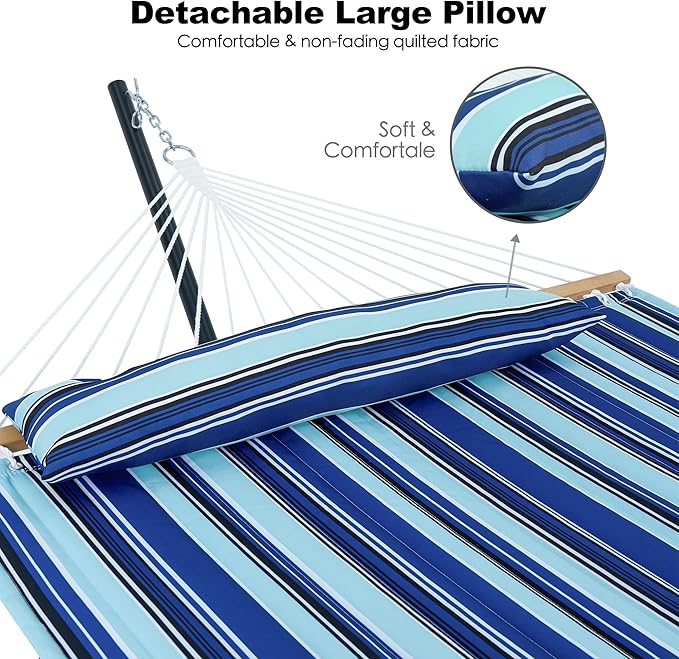 GAFETE 2 Person Hammock with Stand for Outside, Heavy Duty Steel Stand, Double 55inch Hammocks, Large Removable Pillow, Storage Bags, Max 475 lbs Capacity (Pacific Stripe Blue)