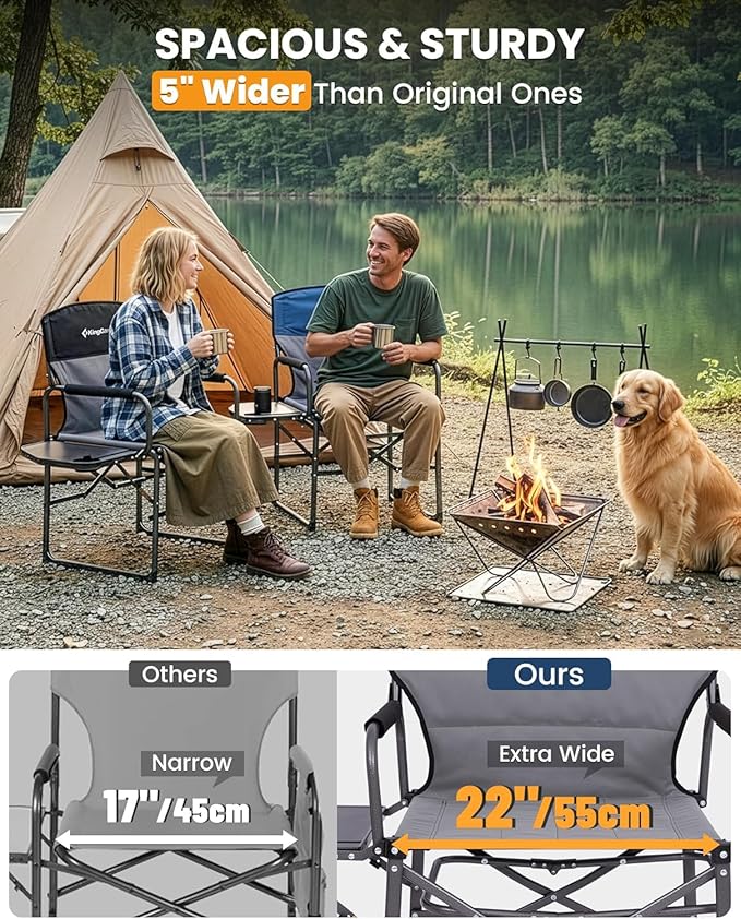 KingCamp Oversized Camping Directors Chair with Side Table, Compact Design Heavy Duty 440lbs, Folding Portable Padded Camp Chairs with Extra Wide Seat & Anti-Sag Fabric for Outdoor Fishing Sports Lawn