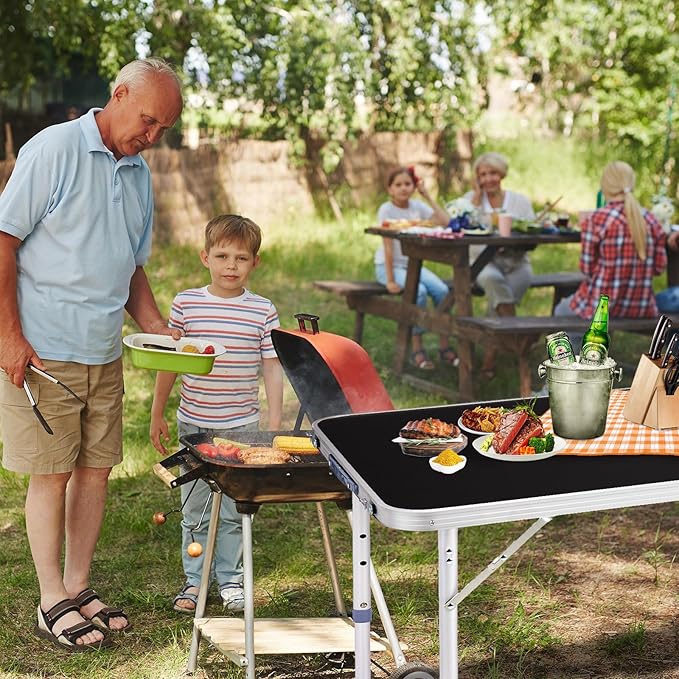 Outvita 4ft Portable Folding Camping Table, Outdoor Waterproof Adjustable Height Table, Aluminum Lightweight Suitcase Foldable Table for Picnic BBQ Beach Dining