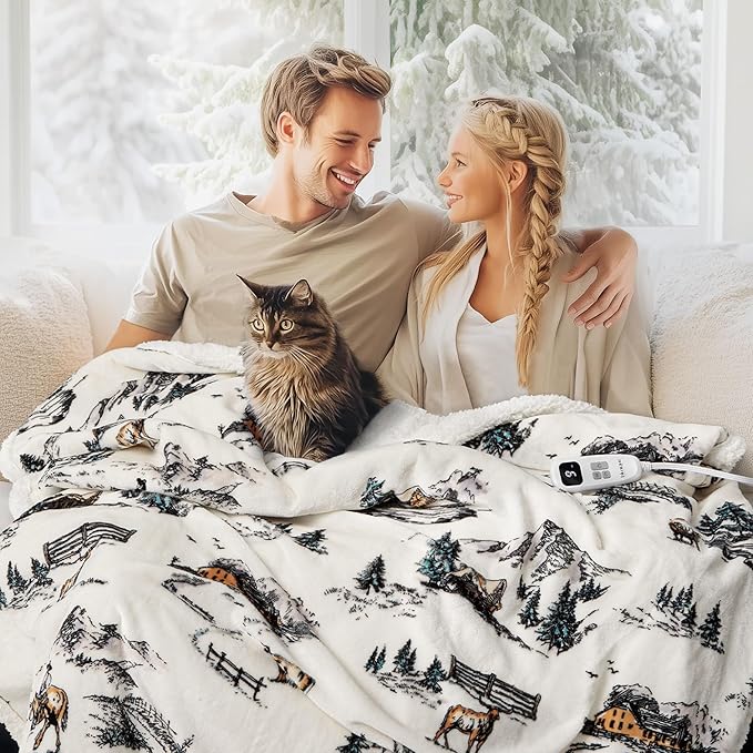 Heated Blanket Throw Electric Blanket – Fast Heating Blanket with 10 Heat Settings & 10 Hours Auto Off, Cozy Soft Fleece Sherpa, Washable, Warm Gifts for Grandma