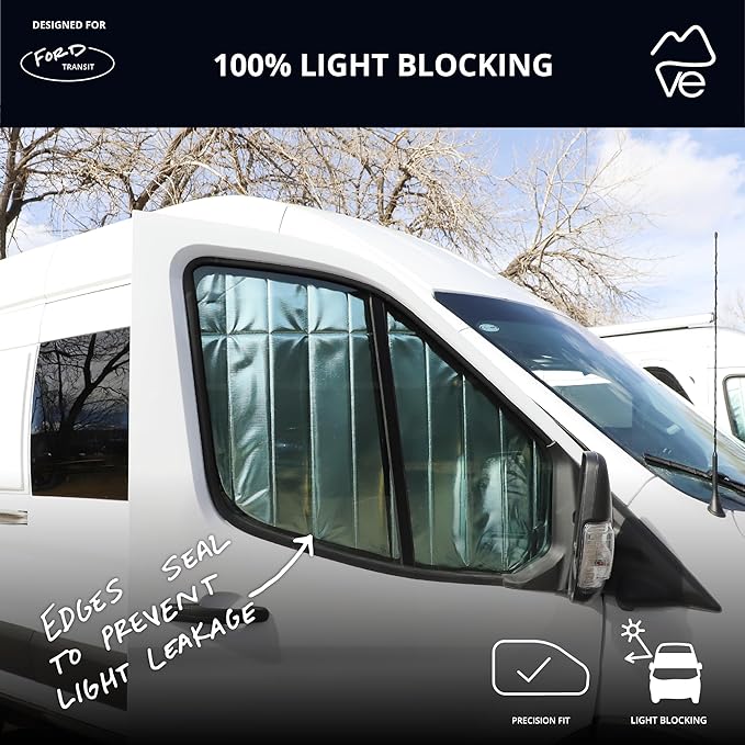 VanEssential Insulated Reflective Blackout Window Covers Designed for Ford Transit High/Medium Roof Front Door Windows (Pair) - Black Reflective