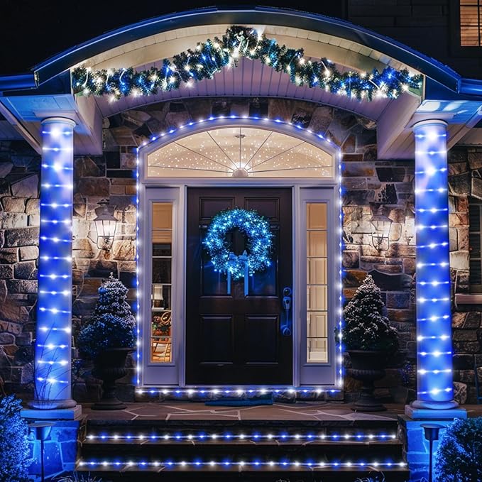 JMEXSUSS 200 LED Solar Rope Lights for Christmas Decor, 72ft IP 65 Outdoor Waterproof Christmas Rope Lights with 8 Modes, Blue and White Solar Christmas Lights for Fence Yard Walkway Christmas