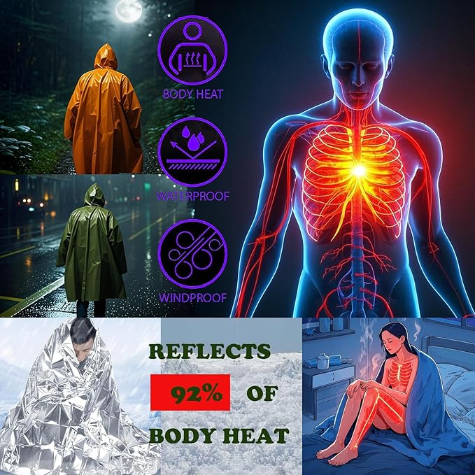 4X Survival Gear kit, Emergency Poncho (2pc), Emergency Space Blanket (2pc), Mylar Liner - Retains 92% Body Heat, for Outdoors, Hiking, Camping, Bug Out Bag, Marathons or First Aid, Car (Orange)