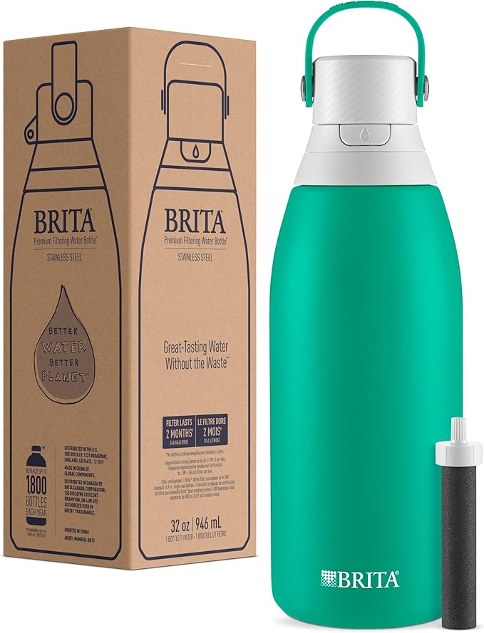 Brita Insulated Filtered Water Bottle with Straw, Reusable, Stainless Steel Metal, Jade, 32 Ounce