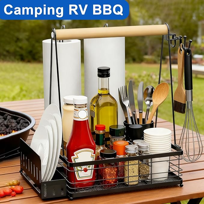 Grill Caddy with Plate Holder and 2Paper Towel Holder, Picnic BBQ Condiment Utensil Organizer Caddy for Outdoor Cooking, RV, Camping Essential, Camper Must Haves, Grilling Gifts for Men