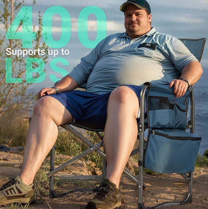 Overmont Oversized Lightweight Camping Chair - Portable Comfortable Heavy Duty Foldable Directors Chairs with Side Table & Cooler Bag for Outside Camp Beach Picnic Lawn and Fishing Supports 400lbs