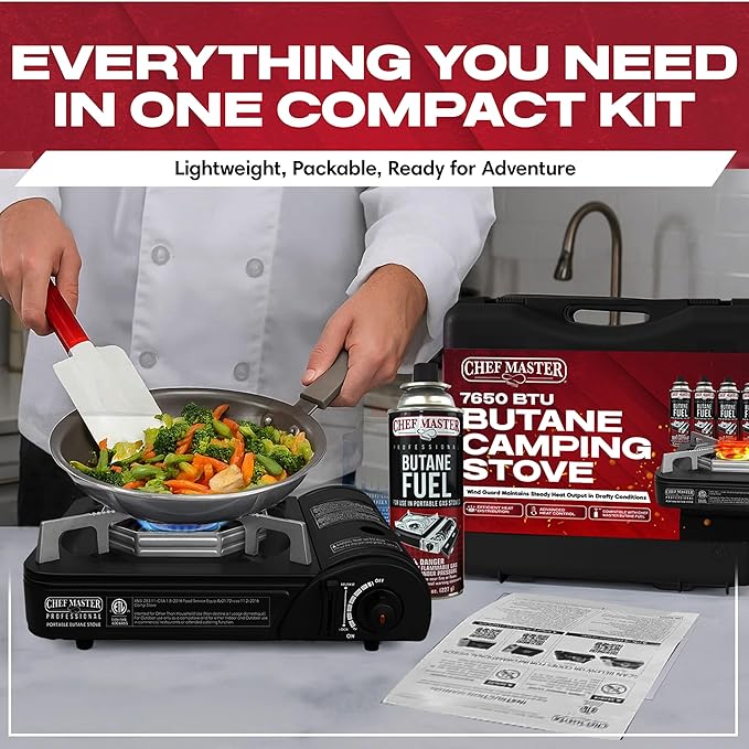 Chef Master Portable Butane Camping Stove, Piezo Ignition 7,650 BTU Output, Wind-Guard Portable Stove Burner with Portable Carrying Case for Emergencies, Road Trips, Hiking, Camping Essentials 90027