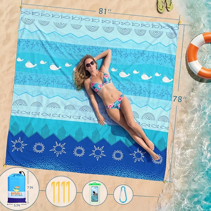 BYDOLL Beach Blanket 78''X81'' Waterproof Sandproof Suits1-4 Adults Oversized Lightweight Large Blanket Picnic Mat for Beach Sand Free Travel Camping Hiking Picnic
