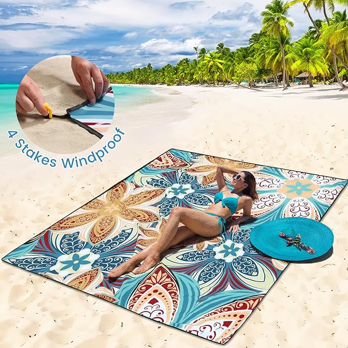 HIHOHO Beach Blanket Waterproof Sandproof Beach Mat for 1-8 Adults Quick Drying Durable Outdoor Picnic Mat for Beach Festival Travel Camping Hiking (Flourishing Blossom-R&GN, 79"×83"(4 Person))
