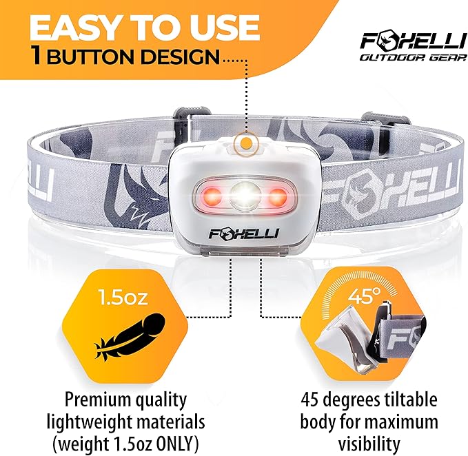 Foxelli LED Headlamp Flashlight for Adults & Kids, Running, Camping, Hiking Head Lamp with White & Red Light, Comfortable Headband, Lightweight & Waterproof, 3 AAA Batteries