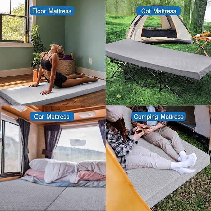 Memory Foam Camping Mattress Pad 3 Inch Thick, Portable Sleeping Pad with Waterproof Cover, Portable Roll Up Cot Mattress Pad Floor Mat for Travel Truck Bed Tent 72" x 24"x 3"