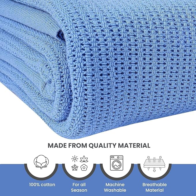 Linteum Textile Supply Blue Hospital Thermal Blanket 66x90 Inch 100% Cotton, Soft and Cozy, Breathable, Open-Cell Weave Design, All Season Twin Hospital Blanket (4-Pack)