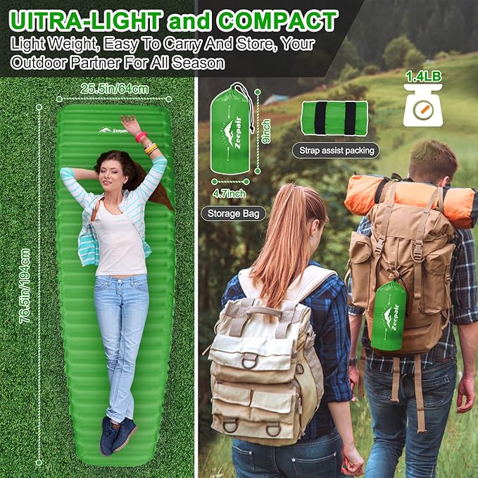 Camping Sleeping Pad, Ultralight Waterproof Inflatable Sleeping Mat with Inflation Bag, Lightweight Portable Compact Air Mattress for Outdoor Backpacking Hiking Traveling Tent Use (Single, Green)