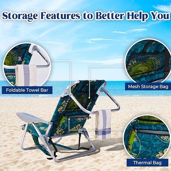Portable Beach Chair for Adults, Outdoor Camping Chair Lay Flat Folding Backpack Beach Reclining Chair with 5 Positions, Headrest, Zipper Pouch, Cup Holder, Water Ripple