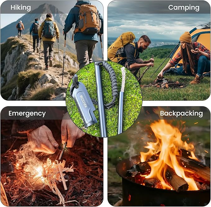 Waterproof Ferro Rod Fire Starter 6x1/2 in & 4x3/8 in, 15,000+ Strikes Flint Fire Steel with Paracord Multi-Tool Striker & Extra Waxed Tinder Cord for Camping, Hiking, Survival & Emergency
