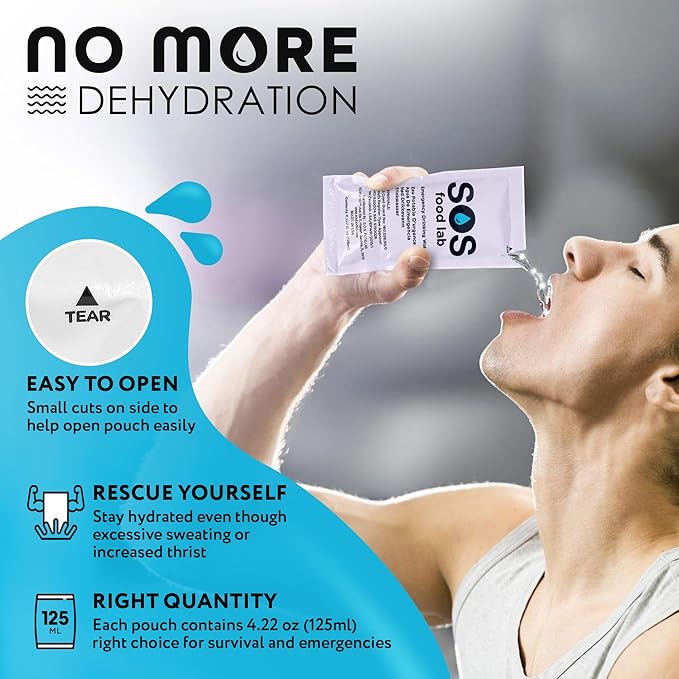 S.O.S Emergency Drinking Water – 62 Packets (4.22 oz Each) – 5-Year Shelf Life, Disaster Preparedness Supply, Portable Survival Water with Usage Tips – Ideal for Home, Car, Hiking, Camping