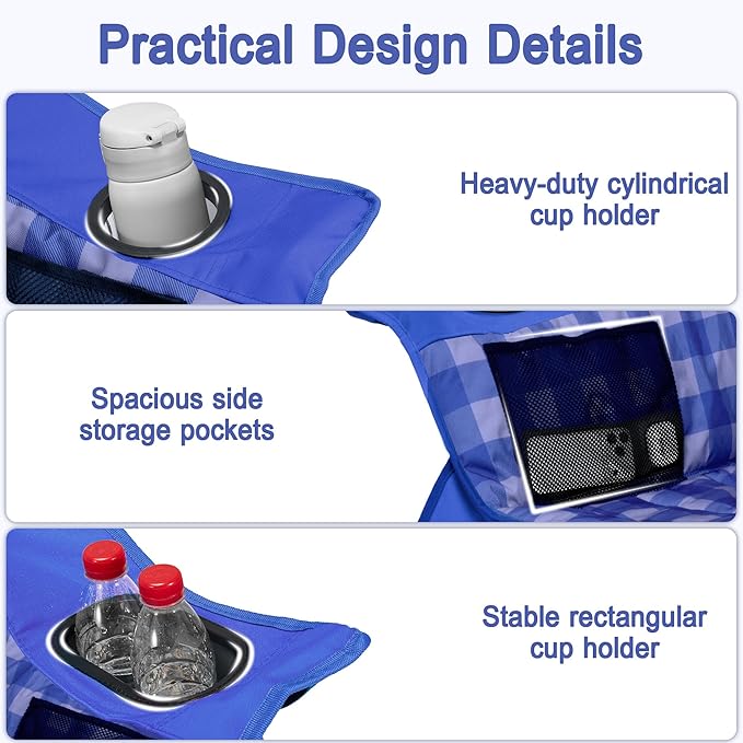 Youtanic Padded Camping Chairs for Adults, Heavy Duty 400 lbs Foldable Lawn Chair, Oversized Ergonomic Outdoor Seat with Plaid Design, Cup Holders & Storage Pockets for Fishing, Sports, Blue