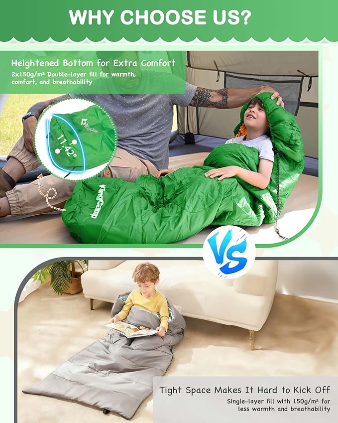 KingCamp 45°F Kids Sleeping Bag, Lightweight Waterproof & Compact Flannel Sleeping Bags Cold Weather & Warm Youth Essentials Gear Accessories for Camping, Fits 10-12 Children up to 4'7"-5'5" Tall