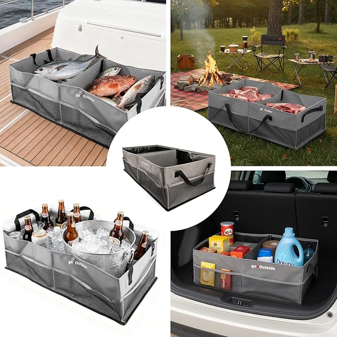 HiMagics Collapsible Waterproof Car Trunk Organizer, Soft PVC Storage Bin with Rugged PVC-Coated Fabric for SUV & Truck (Stone Gray REG)