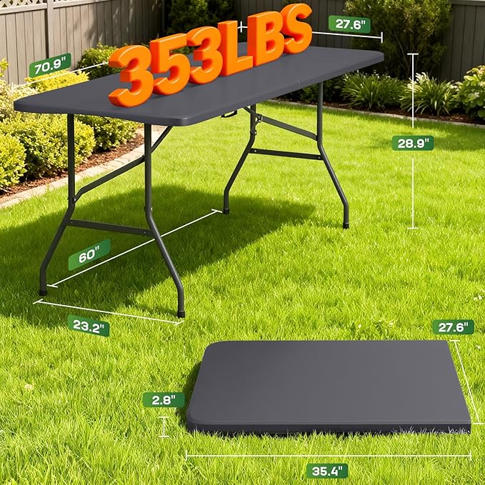 FDW 6 Foot Folding Table, Portable Plastic Table with Carrying Handle Perfect for Indoor, Outdoor, Party, Dining, Wedding, Events, Camping, Grey