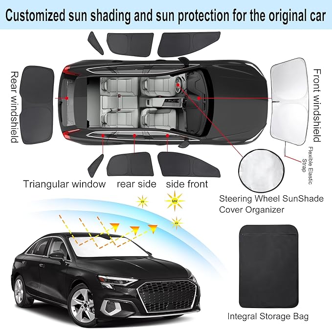8PCS Windshield Sun Shade Custom Fit for 2021-2024 Audi A3 Accessories Foldable Sunshade Side Rear Window Shade Cover Full Set Privacy Protection Keeps Car Cool