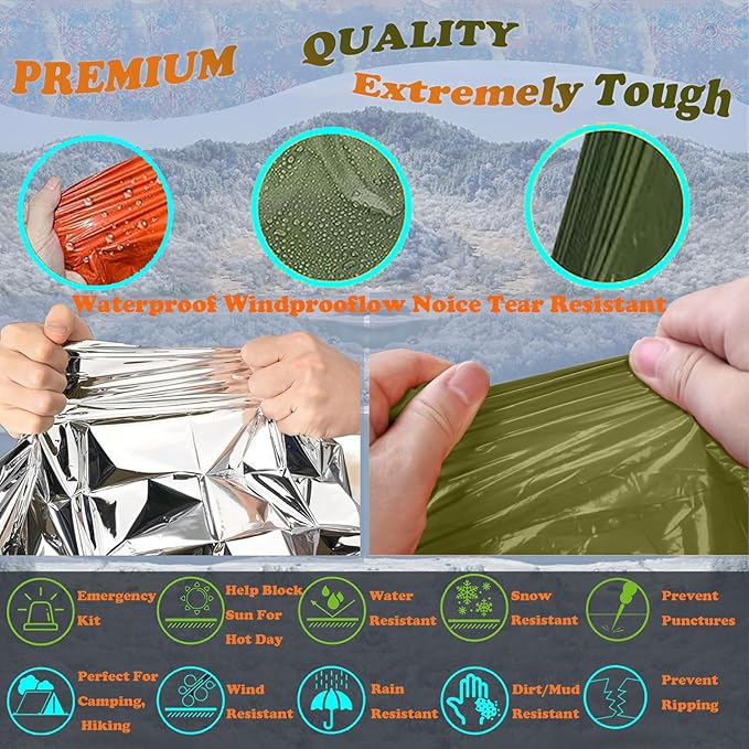 4X Survival Gear kit, Emergency Poncho (2pc), Emergency Space Blanket (2pc), Mylar Liner - Retains 92% Body Heat, for Outdoors, Hiking, Camping, Bug Out Bag, Marathons or First Aid, Car (Orange)