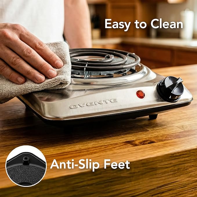 OVENTE Electric Countertop Single Burner, 1000W Cooktop with 6" Stainless Steel Coil Hot Plate, 5 Level Temperature Control, Indicator Light, Compact Cooking Stove and Easy to Clean, Silver BGC101S