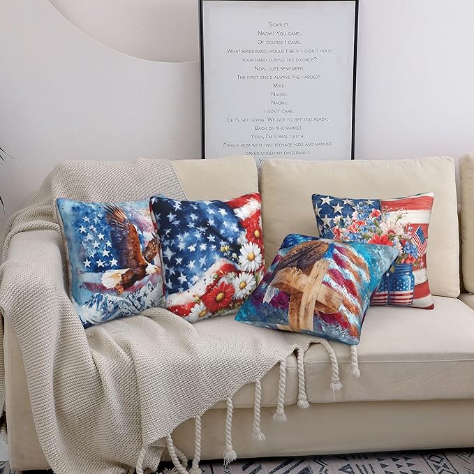 4th of July Flower Throw Pillow Covers 18 X 18 Inch Set of 4 Decorative Cushion Cover Home Decor for Sofa Chair Couch Bedroom Living Room