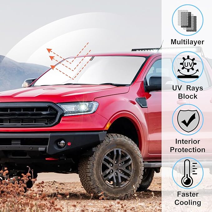 Windshield Sun Shade Custom Fit 2019-2024 2025 2026 Ford Ranger Accessories Front Window Sunshade Sun Visor Heat Protection Keep Car Interior Cool