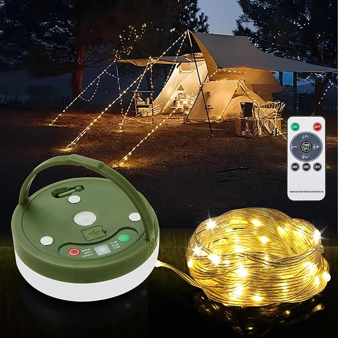Anpro Camping String Lights 4 in 1: 32.8 Ft String with Warm White 130 LEDs, USB Rechargeable with Remote Control, Adjustable Brightness, 6 Light Modes, Portable IP65 Camping Light for Outdoor