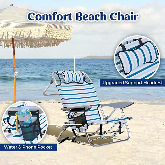 Portable Beach Chair for Adults, Outdoor Camping Chair Lay Flat Folding Backpack Beach Reclining Chair with 5 Positions, Headrest, Cup Holder, Heavy White Striped