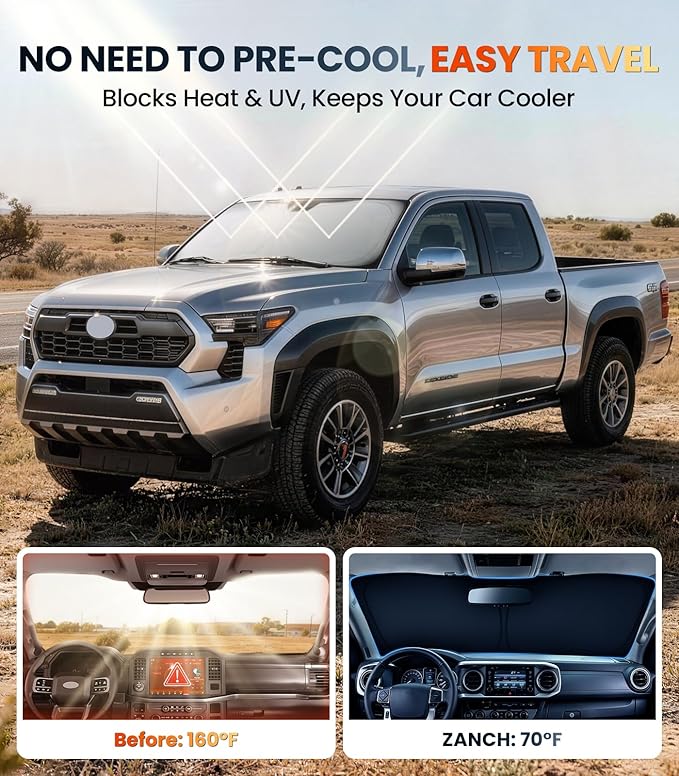 Zanch Custom Windshield Sun Shade forToyota Tacoma 2016-2026, 7-Layer Heavy-Duty UV & Heat Block Protection, 3D Laser Scanned Instant Cooling, Foldable Truck Accessories