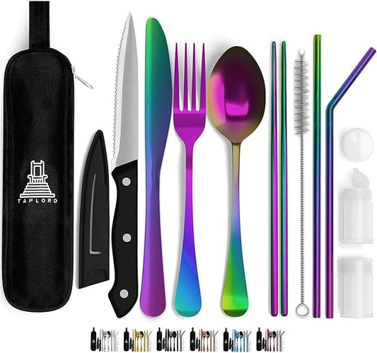 Taplord Portable Travel Silverware Set With Case, Includes 10 Pcs of Travel Utensils With Case, Stainless Steel Flatware Set For Camping, Lightweight (Multi-Color)