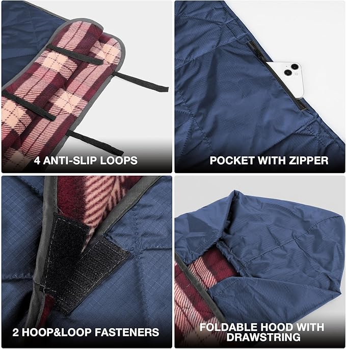 DUKUSEEK Hooded Outdoor Blanket, Extra Large 79" x 59" Waterproof Camping Blanket, Quilted, Thick Fleece, Warm, Windproof, Sand Proof, Portable and Wear-Resistant, Perfect for Stadium, Picnic