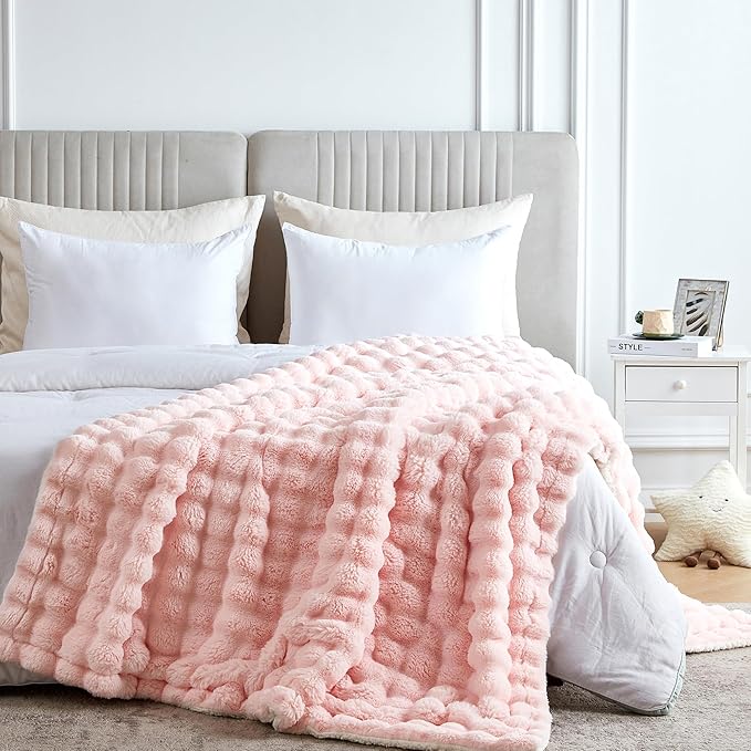 50x60 Inches Ultra-Soft Fuzzy Faux Fur Plush Throw Blanket - Thick, Warm Sherpa for Couch, Sofa, Bedroom, Camping - Decorative Blanket for Cozy Warmth, Bubble Pink