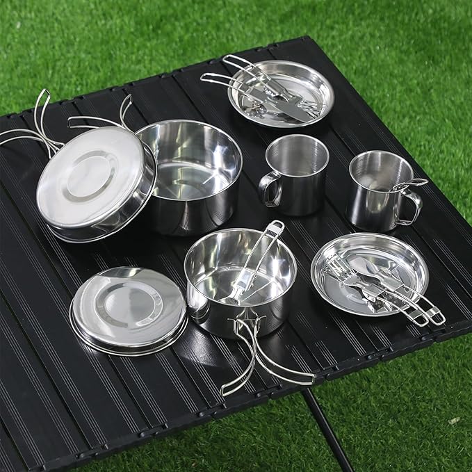Funnymoom 14 Piece Camp Cooking Set, Stainless Steel Camping Cookware with Pot and Pan Kit 2 Set Stainless Steel Cups Plates Forks Knives Spoons for Camping, Backpacking, Outdoor Cooking and Picnic