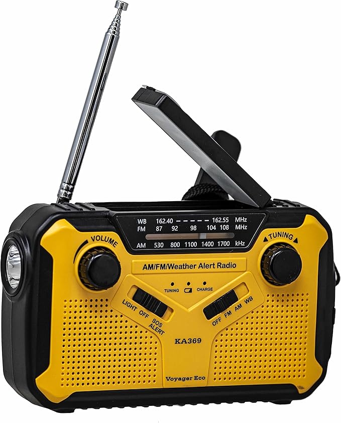 Kaito Voyager ECO Emergency Radio KA369 AM/FM NOAA Weather Alert 5-Way Powered Solar Crank Radio Receiver with LED Flashlight and USB Mobile Phone Charger Yellow