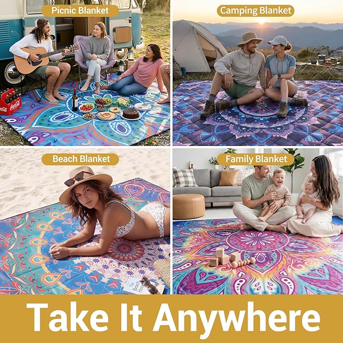 60x80" Waterproof Picnic Blankets Outdoor Sandless Beach Blanket Foldable Padded Ground Grass Park Lawn Mat Tent Camping Rug Backpack Hiking Roadtrip Gadgets Gifts Rv Car Travel Trailers Items