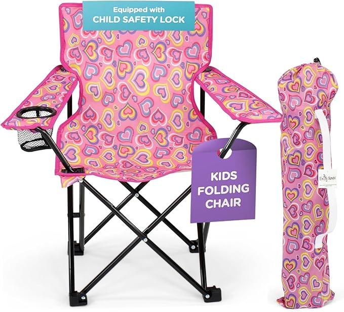 Emily Rose Kids Folding Beach Camp Chair with Cup Holder, Safety Lock & Matching Carry Case (Playful Hearts) – Toddler Travel Chair for Girls Ages 2–7 – Indoor Outdoor Lightweight USA Brand