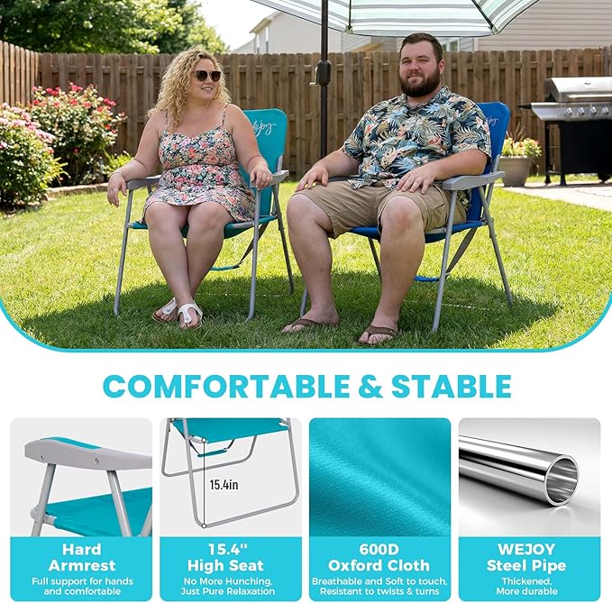 #WEJOY Folding Beach Chair for Adults, Lightweight Beach Chair with Shoulder Straps, High Back Camping Chairs with Hard Armrest, Supports 300lbs for Outdoor Lawn Concert